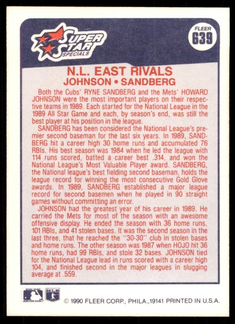 1990 Fleer Howard Johnson/Ryne Sandberg Baseball Cards #639