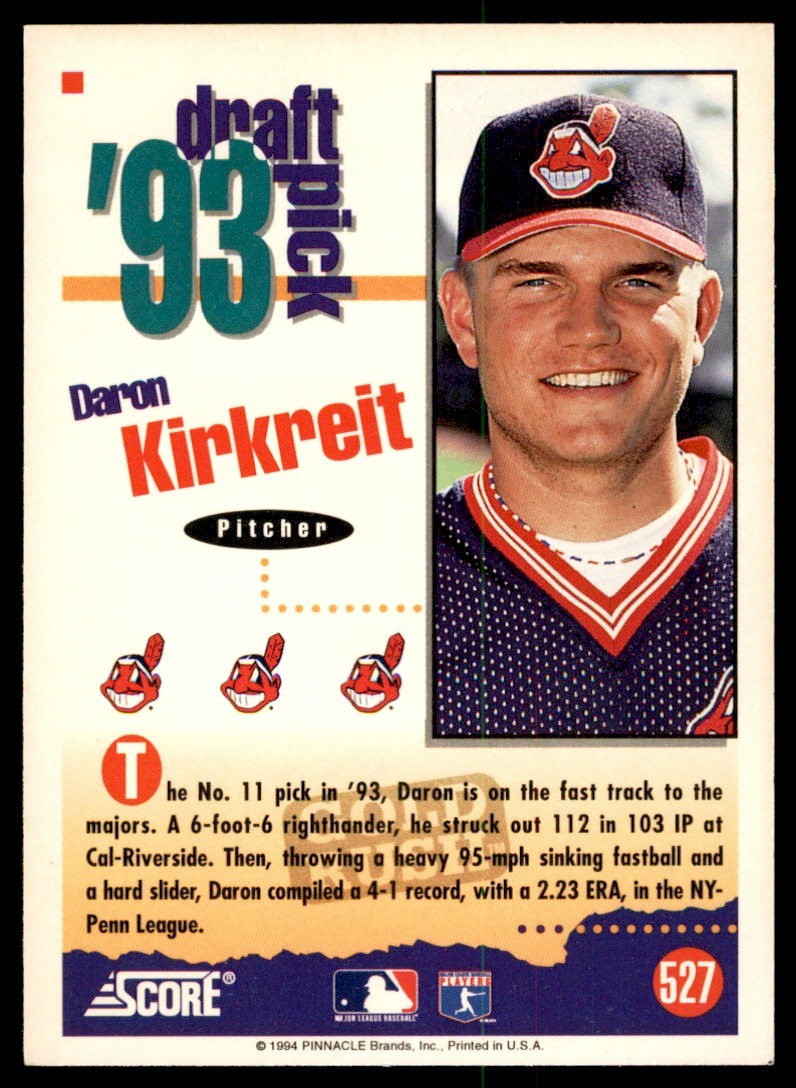 1994 Score Gold Rush Daron Kirkreit . Cleveland Indians #527