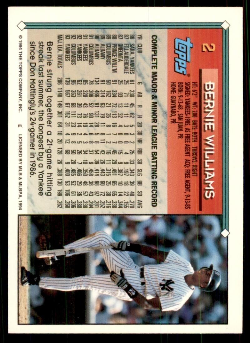 1994 Topps Bernie Williams Baseball Cards #2