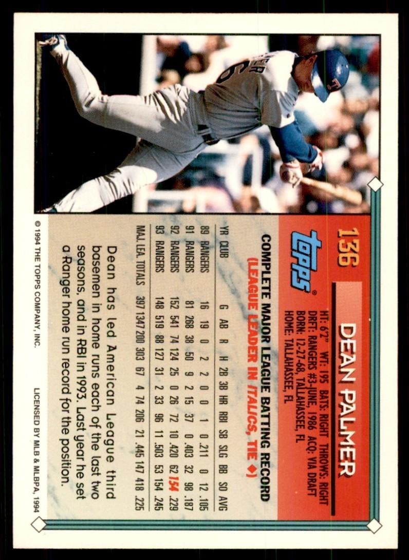 1994 Topps Dean Palmer Baseball Cards #136