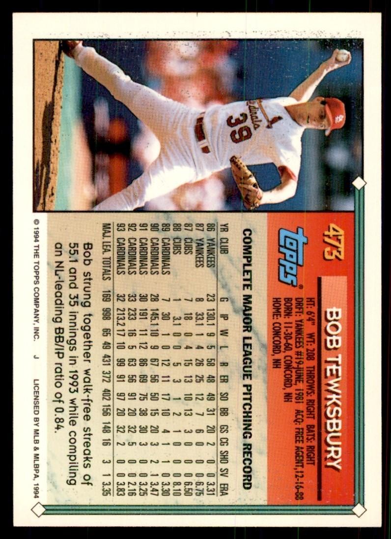 1994 Topps Bob Tewksbury Baseball Cards #473
