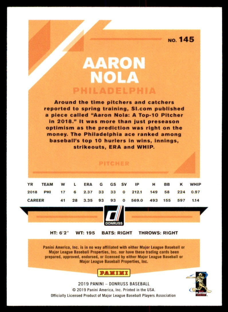 2019 Donruss Baseball Aaron Nola . Philadelphia Phillies #145