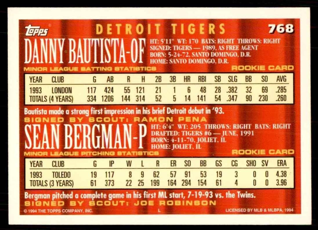 1994 Topps Danny Bautista/Sean Bergman Baseball Cards #768