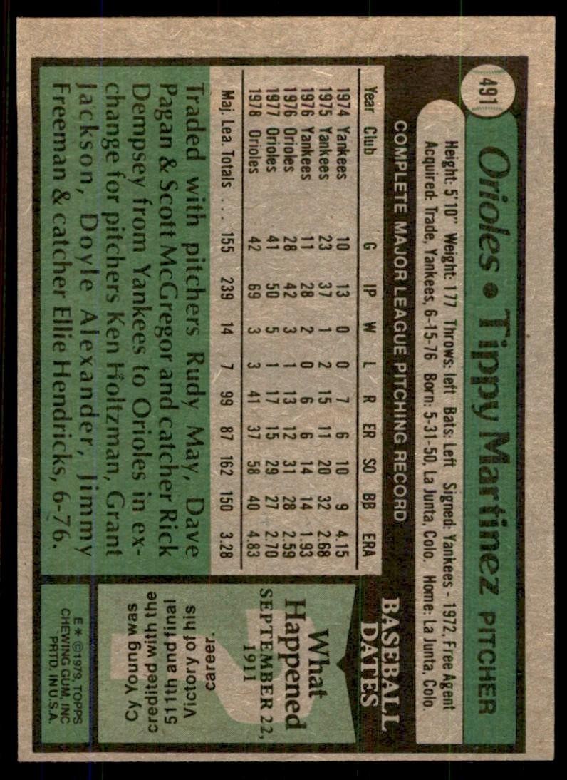 1979 Topps Tippy Martinez Baseball Cards #491
