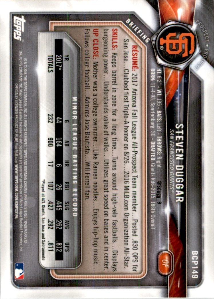 2018 Bowman Chrome Prospects Steven Duggar . San Francisco Giants #BCP149