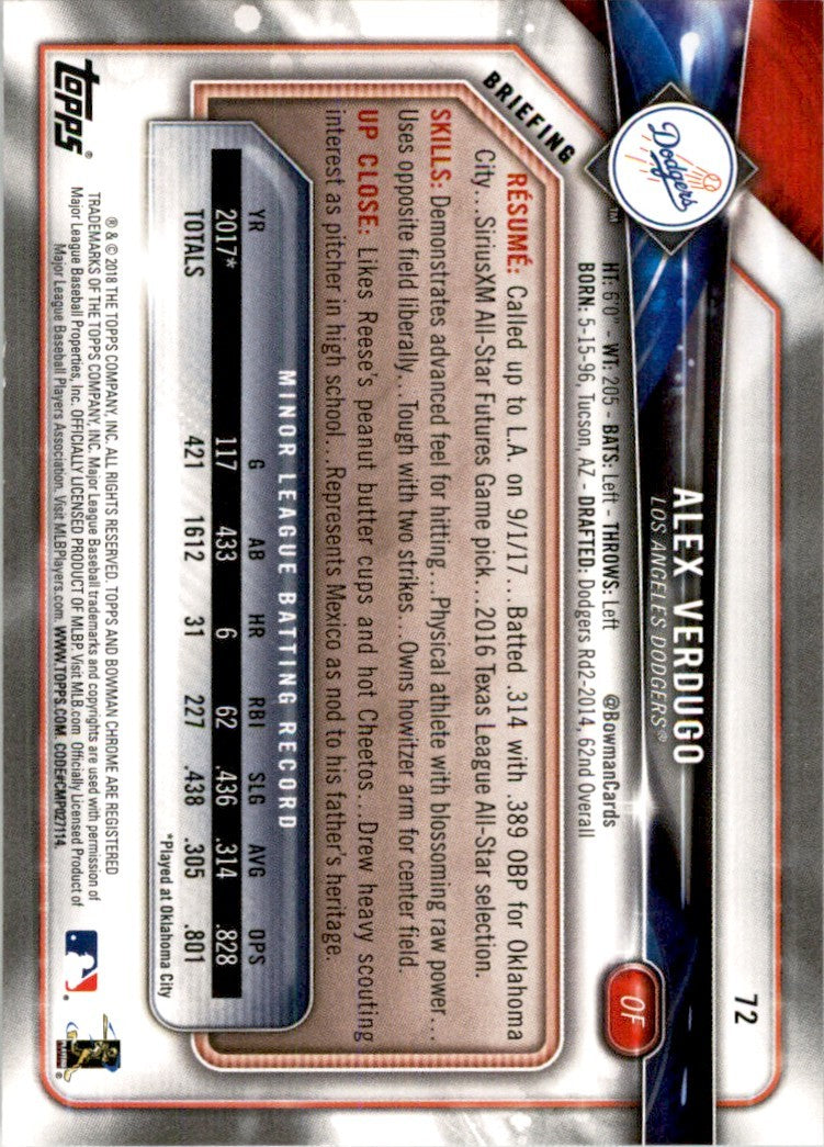 2018 Bowman Alex Verdugo Rookie . Los Angeles Dodgers #72