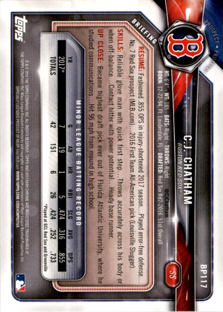 2018 Bowman Prospects C.J. Chatham . Boston Red Sox #BP117