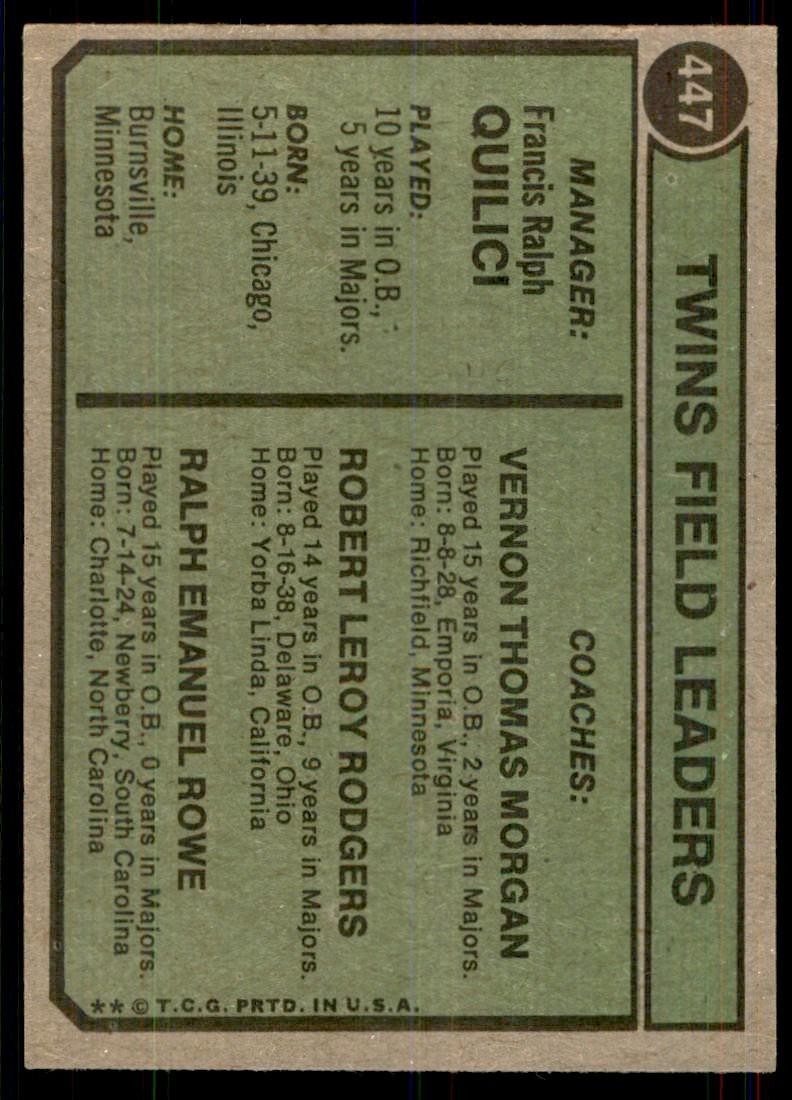 1974 Topps Frank Quilici/Ralph Rowe/Vern Morgan/Bob Rodgers Baseball Cards #447
