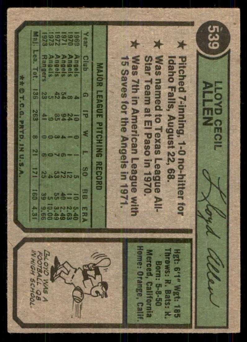 1974 Topps Lloyd Allen B Baseball Cards #539