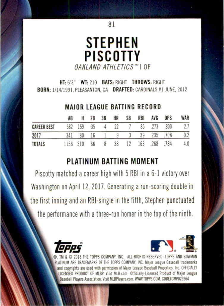 2018 Bowman Platinum Stephen Piscotty . Oakland Athletics #81