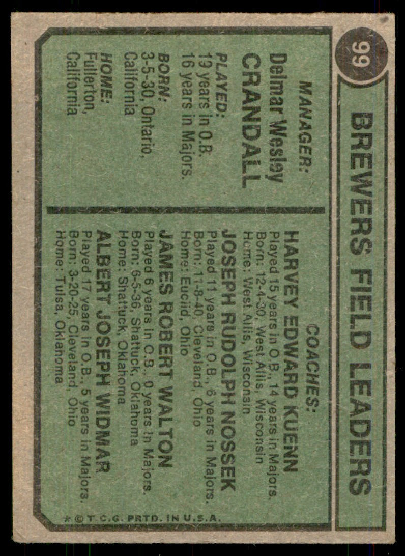 1974 Topps- Del Crandall/Al Widmar/Joe Nossek/Jim Walton/Harvey Kuenn A Baseball