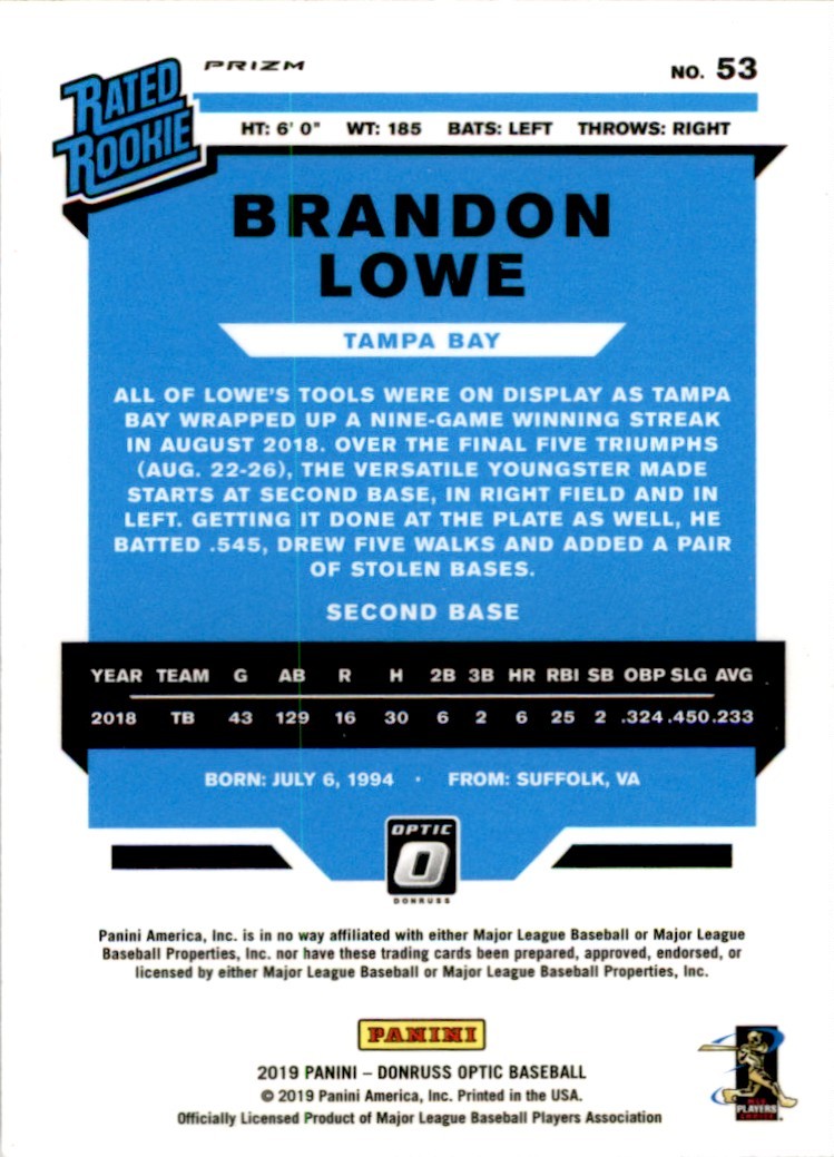 2019 Donruss Optic Brandon Lowe . Tampa Bay Rays #53