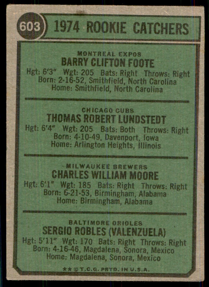 1974 Topps: Rookie Catchers - Barry Foote/Tom Lundstedt/Charlie Moore/Sergio