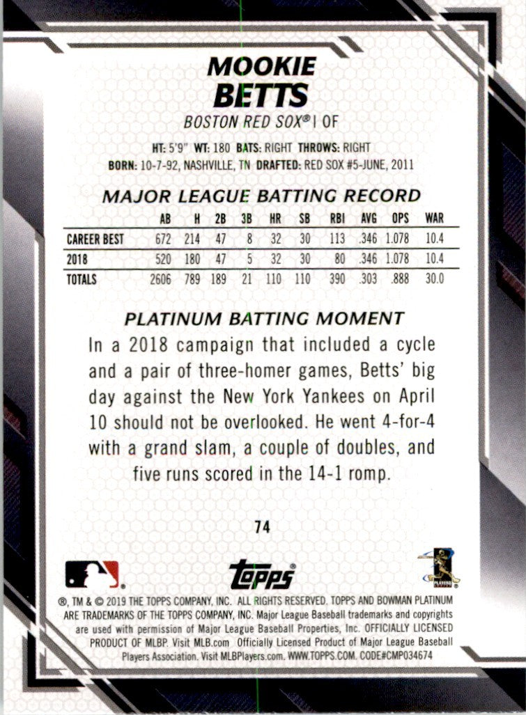 2019 Bowman Platinum Mookie Betts . Boston Red Sox #74