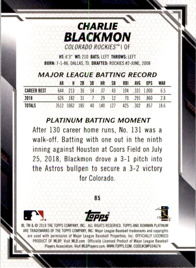 2019 Bowman Platinum Charlie Blackmon . Colorado Rockies #85