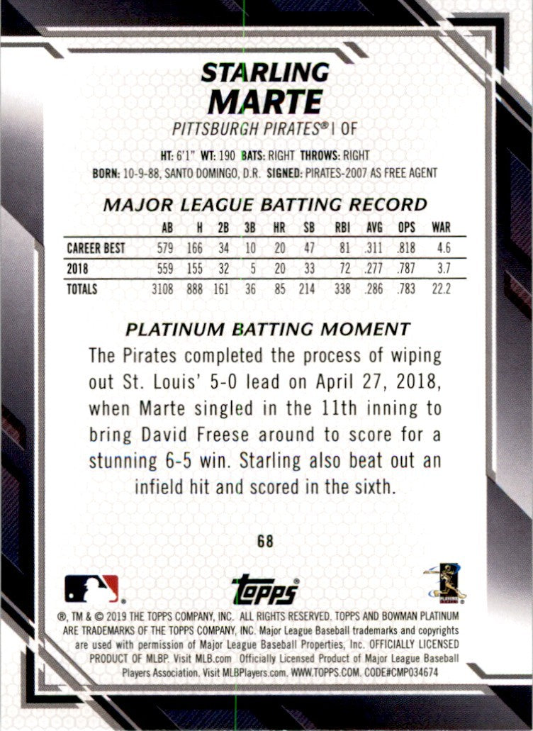 2019 Bowman Platinum Starling Marte . Pittsburgh Pirates #68