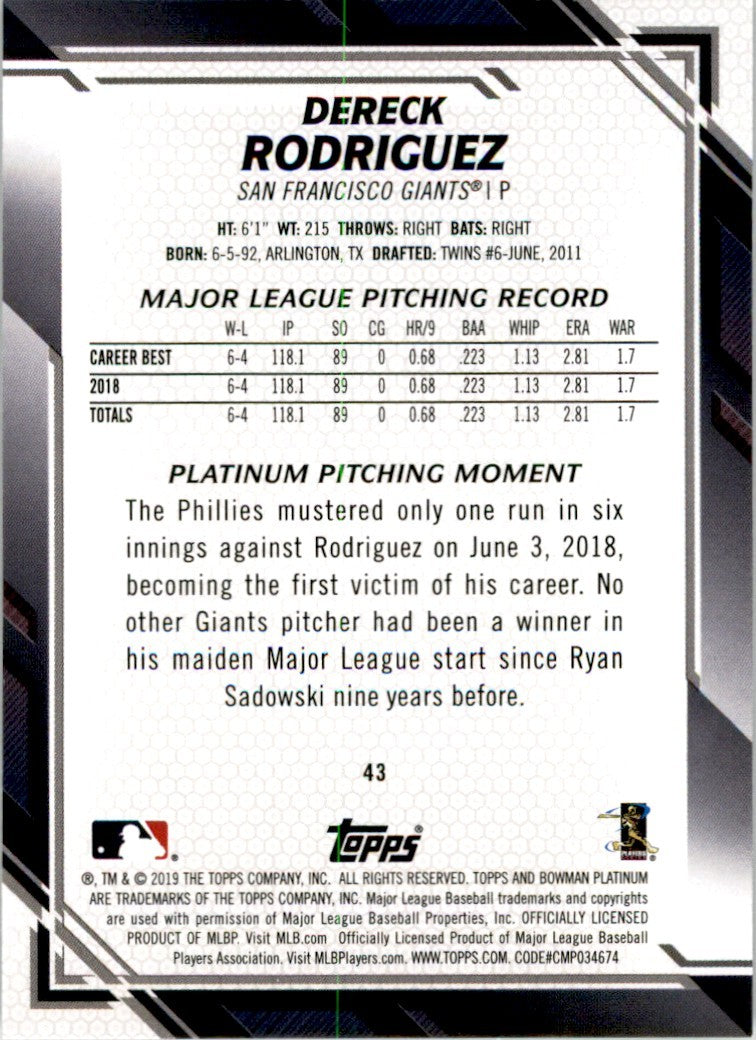 2019 Bowman Platinum Baseball Dereck Rodriguez . San Francisco Giants #43