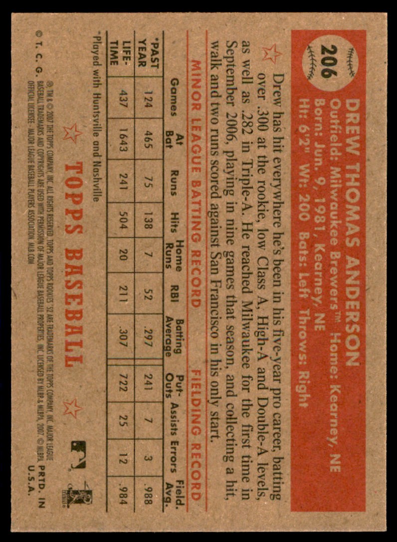 2007 Topps 1952 Rookie Edition Drew Anderson . Milwaukee Brewers #206