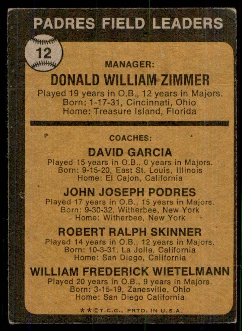 1973 Topps. Don Zimmer/Dave Garcia/Johnny Podres/Bob Skinner/Whitey Wietelmann A