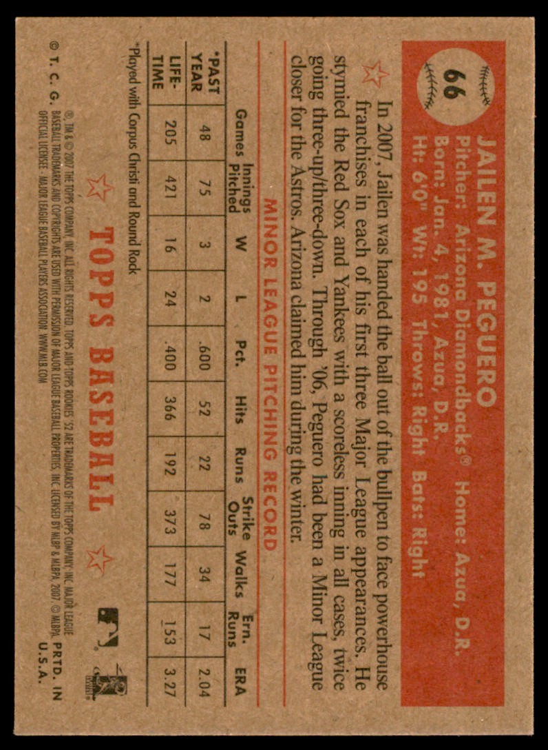 2007 Topps Rookie 1952 Edition Jailen Peguero . Arizona Diamondbacks #66