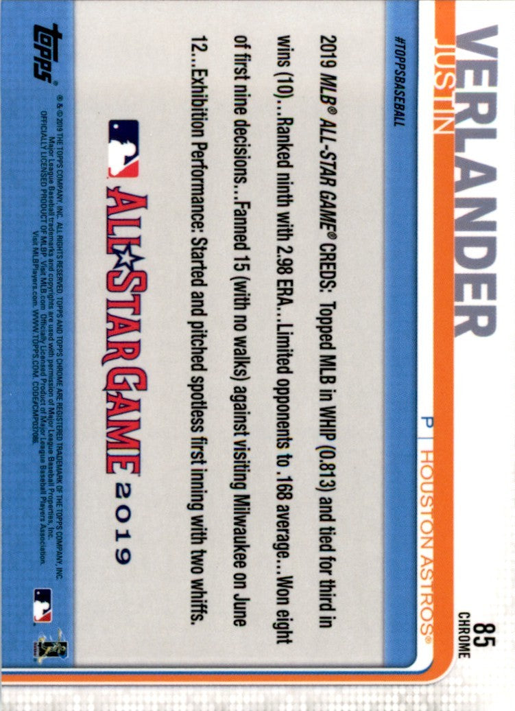 2019 Topps Chrome Justin Verlander . Houston Astros #85