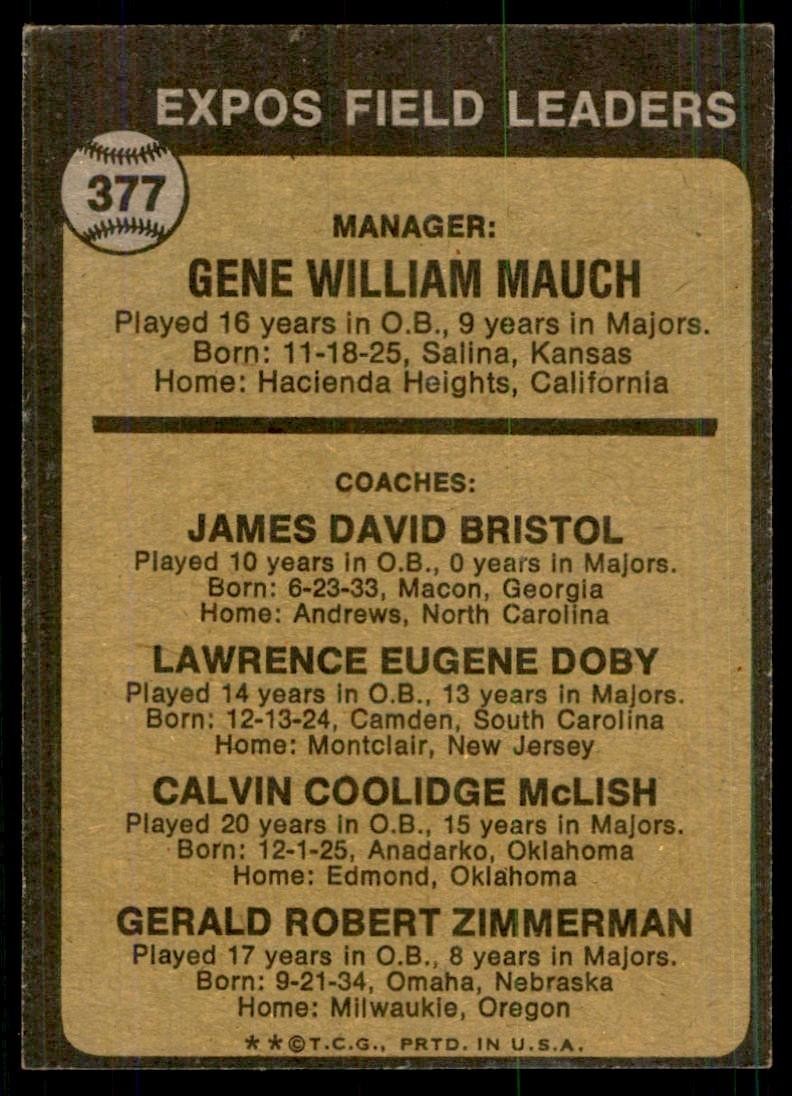 1973 Topps: Gene Mauch/Dave Bristol/Larry Doby/Cal McLish/Jerry Zimmerman