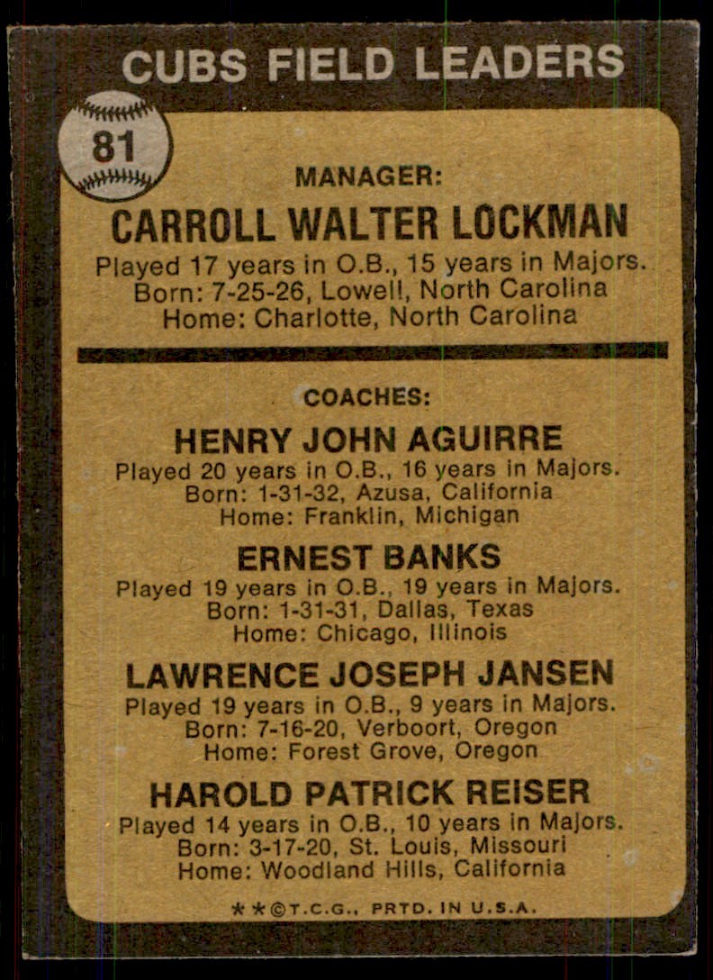 1973 Topps' Whitey Lockman/Hank Aguirre/Ernie Banks/Larry Jansen/Pete Reiser