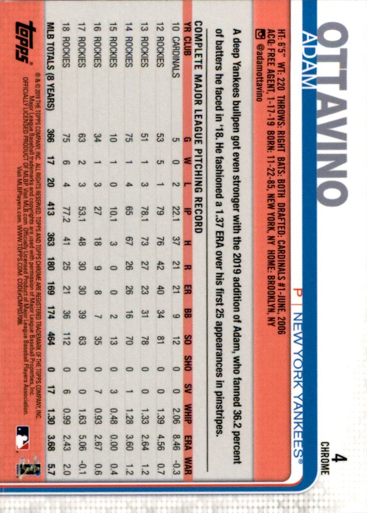 2019 Topps-Chrome Adam Ottavino . New York Yankees #4