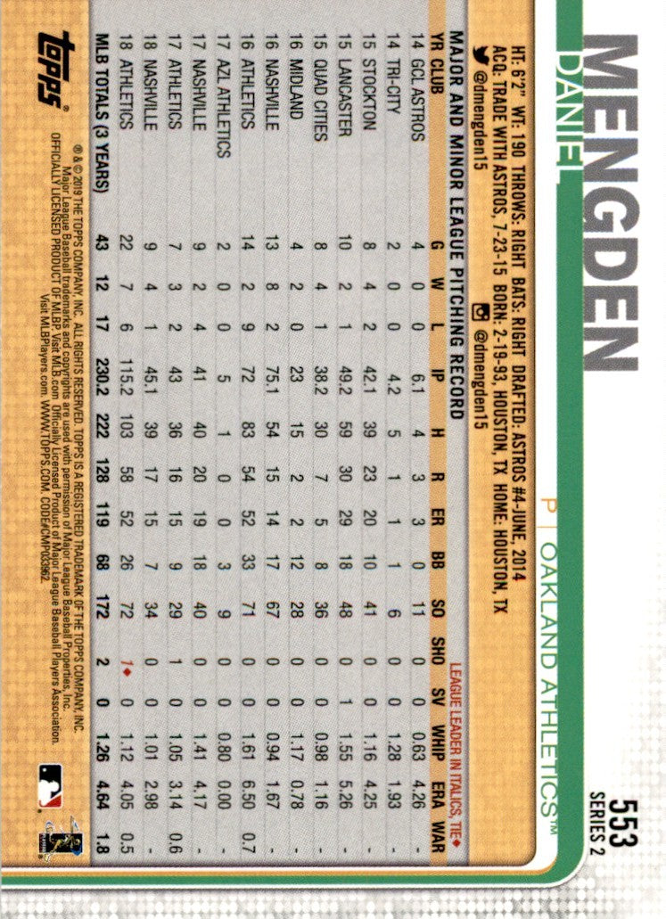 2019 Topps Daniel Mengden . Oakland Athletics #553