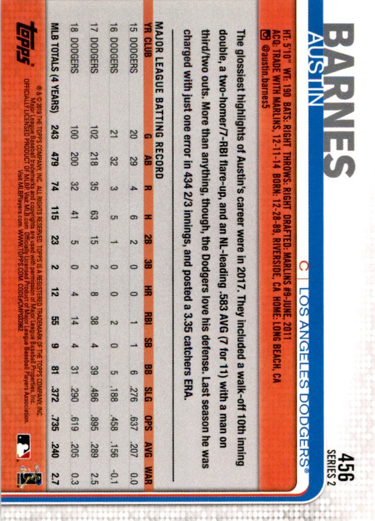 2019 Topps Austin Barnes . Los Angeles Dodgers #456
