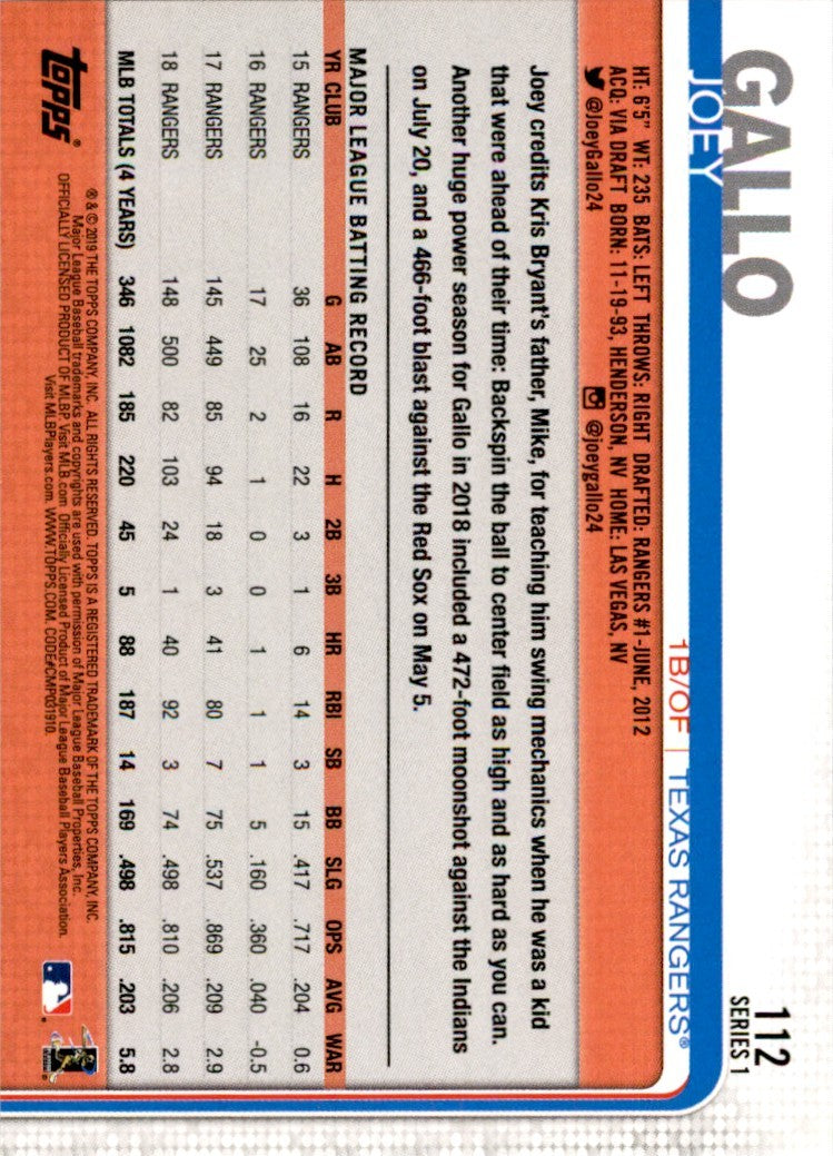2019 Topps Joey Gallo . Texas Rangers #112