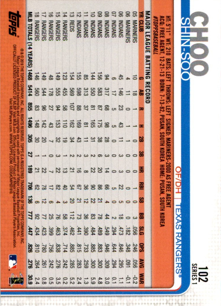 2019 Topps Shin-Soo Choo . Texas Rangers #102