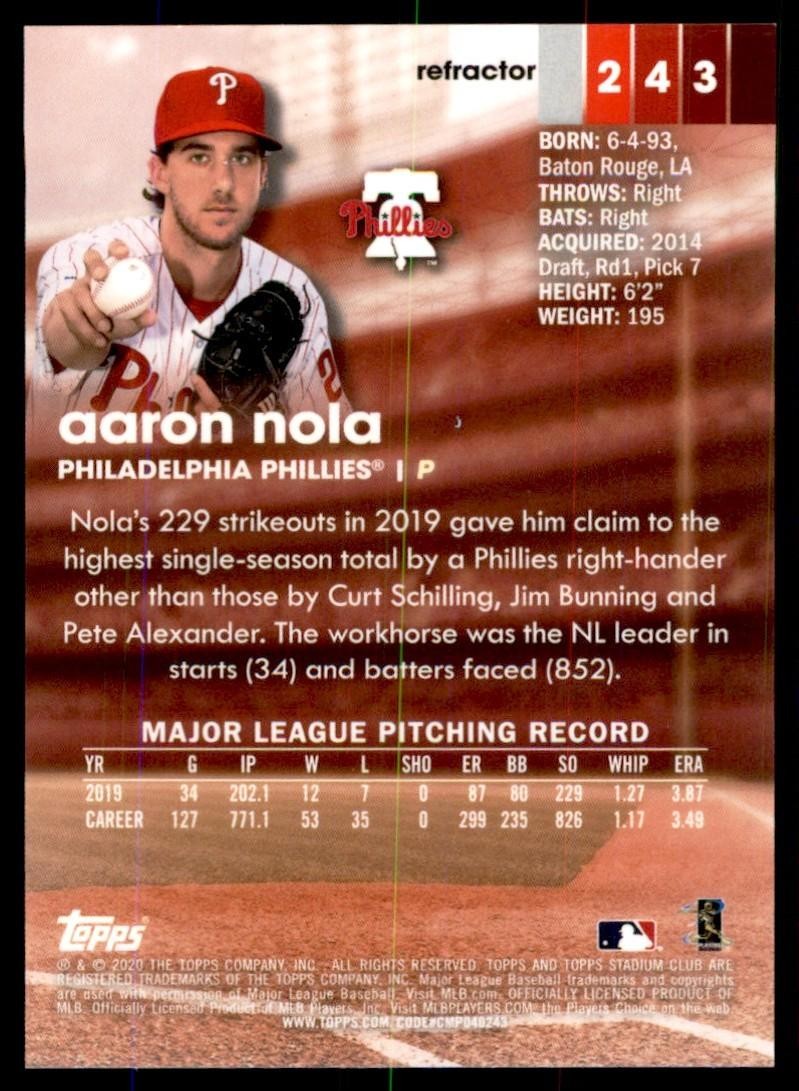 2020 Stadium Club Chrome Aaron Nola Baseball Card #243