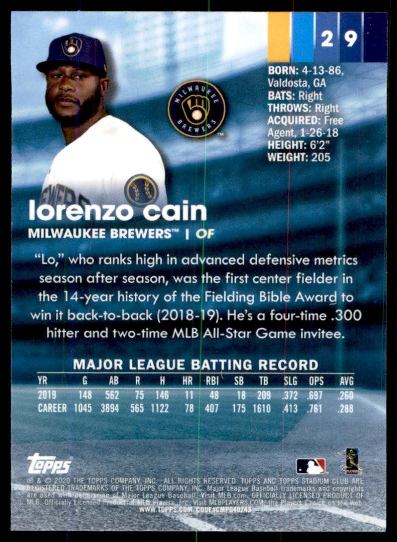 2020 Stadium Club Chrome Lorenzo Cain Baseball Card #29