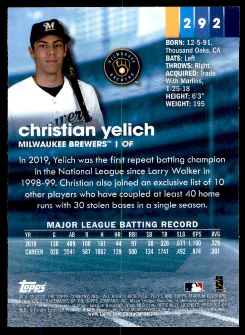 2020 Stadium Club Chrome Christian Yelich Baseball Card #292