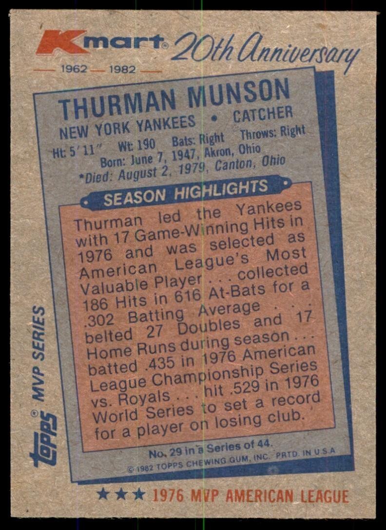 1982 Topps Kmart Thurman Munson Baseball Cards #29