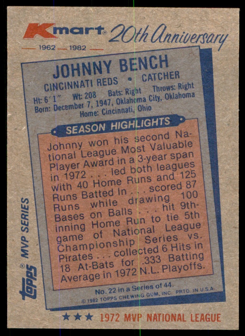 1982 Topps Kmart Johnny Bench Baseball Cards #22