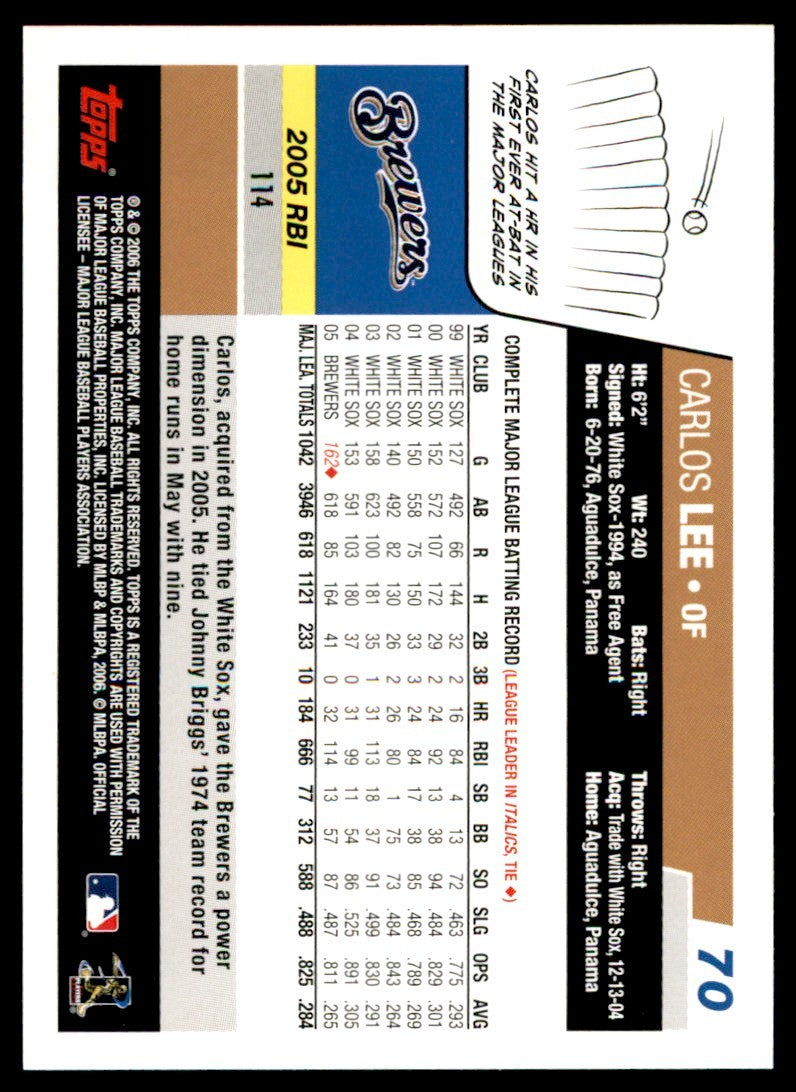 2006 Topps Carlos Lee . Milwaukee Brewers #70