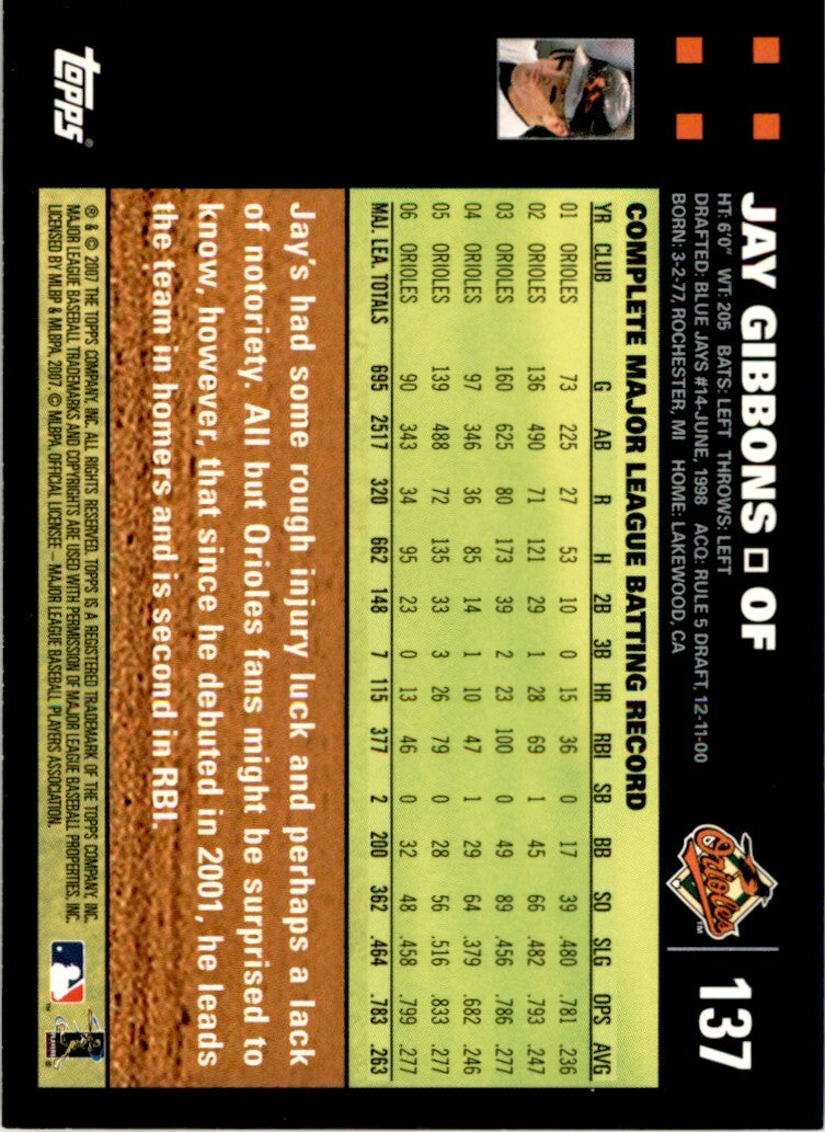 2007 Topps Jay Gibbons . Baltimore Orioles #137