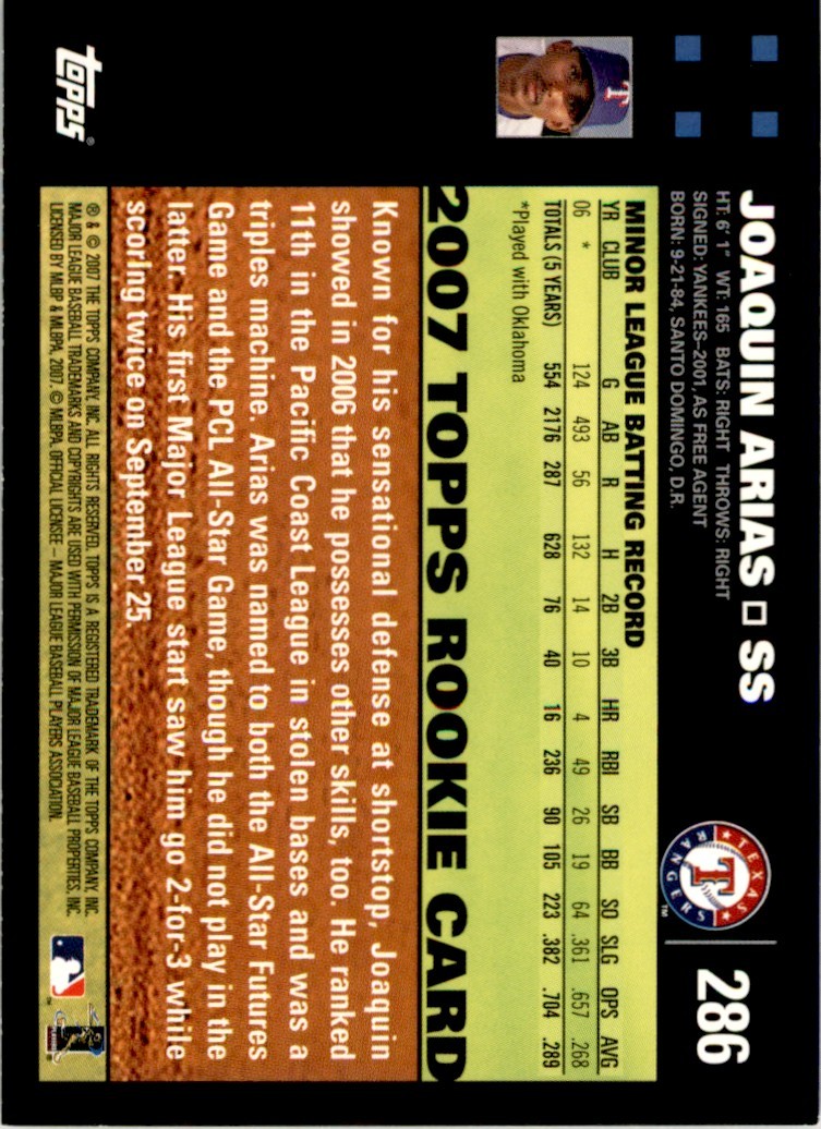 2007 Topps Joaquin Arias Rookie . Texas Rangers #286