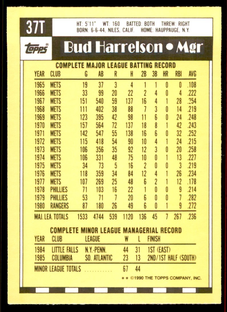 1990 Topps Traded Bud Harrelson New York Mets #37T