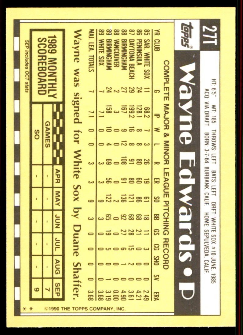 1990 Topps Traded Wayne Edwards Rookie Chicago White Sox #27T