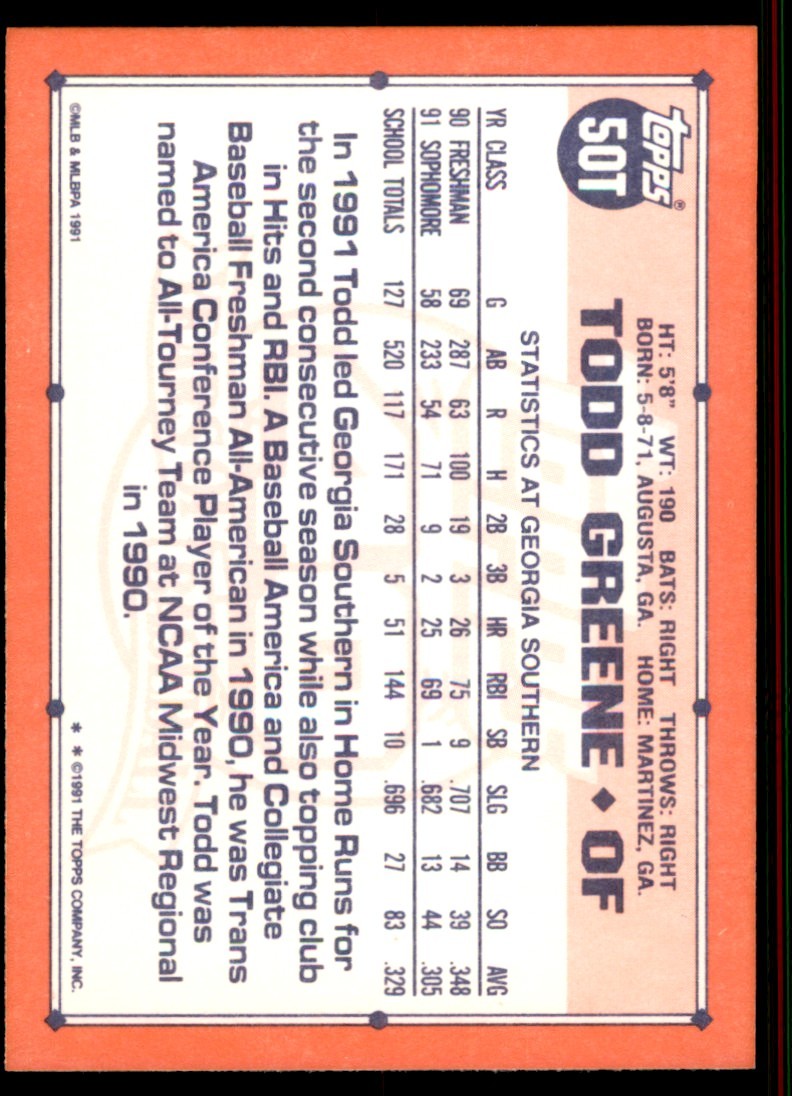 1991 Topps Traded Todd Greene Rookie . USA #50T