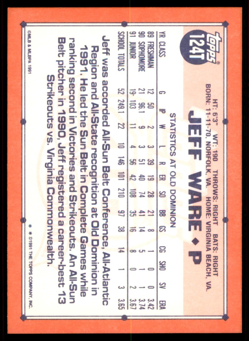 1991 Topps Traded Jeff Ware Rookie . USA #124T