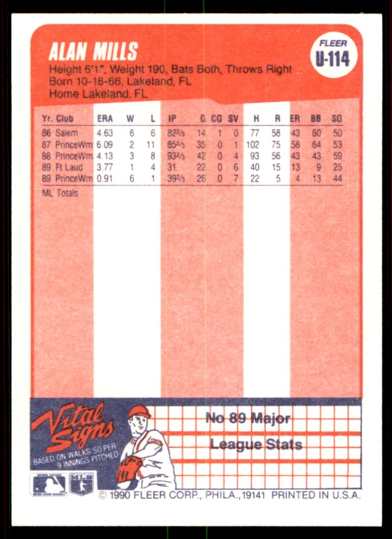 1990 Fleer Update Alan Mills Rookie . New York Yankees #U-114