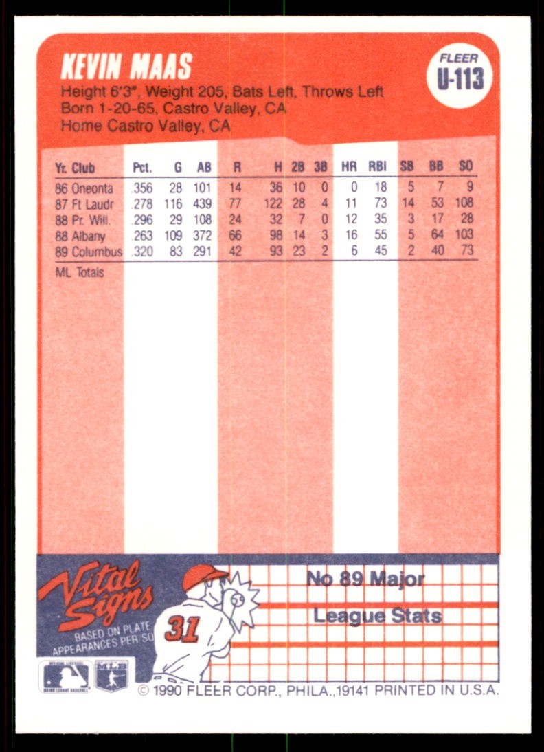 1990 Fleer Update Kevin Maas . New York Yankees #U-113