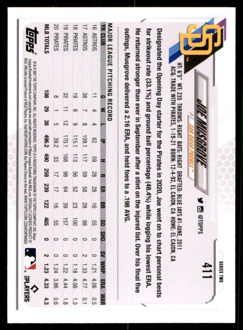 2021 Topps Joe Musgrove A Baseball Cards. #411
