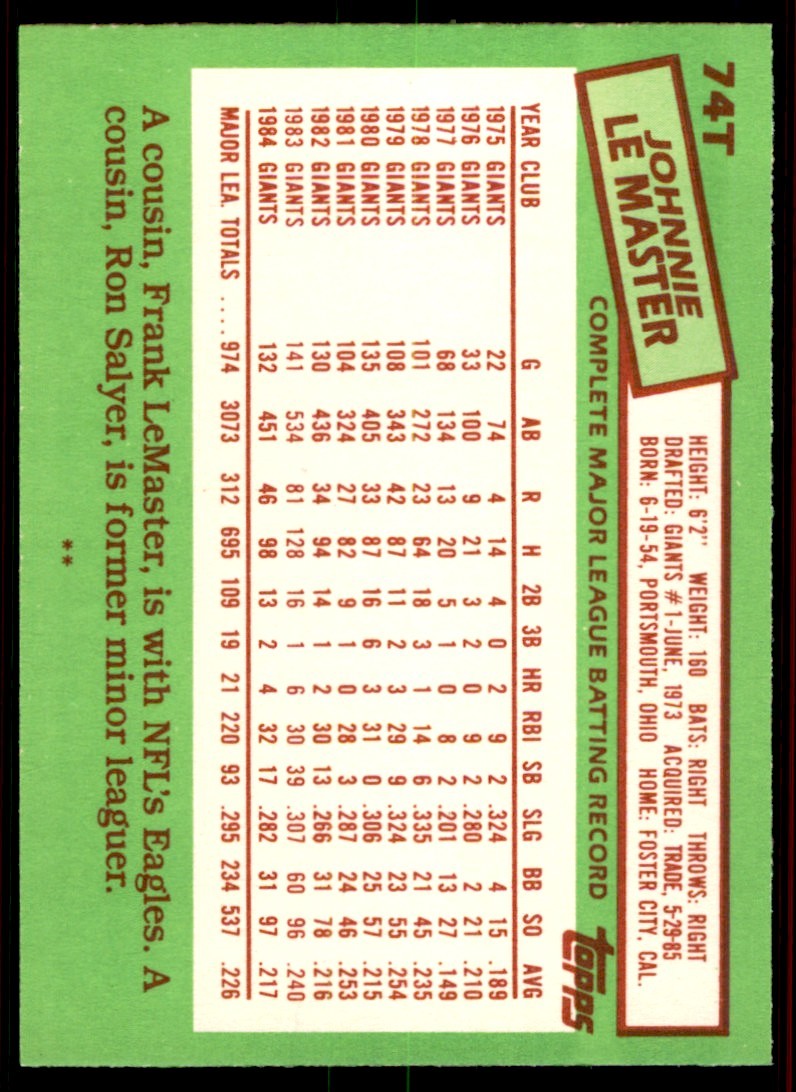 1985 Topps Traded Johnnie LeMaster . Pittsburgh Pirates #74T