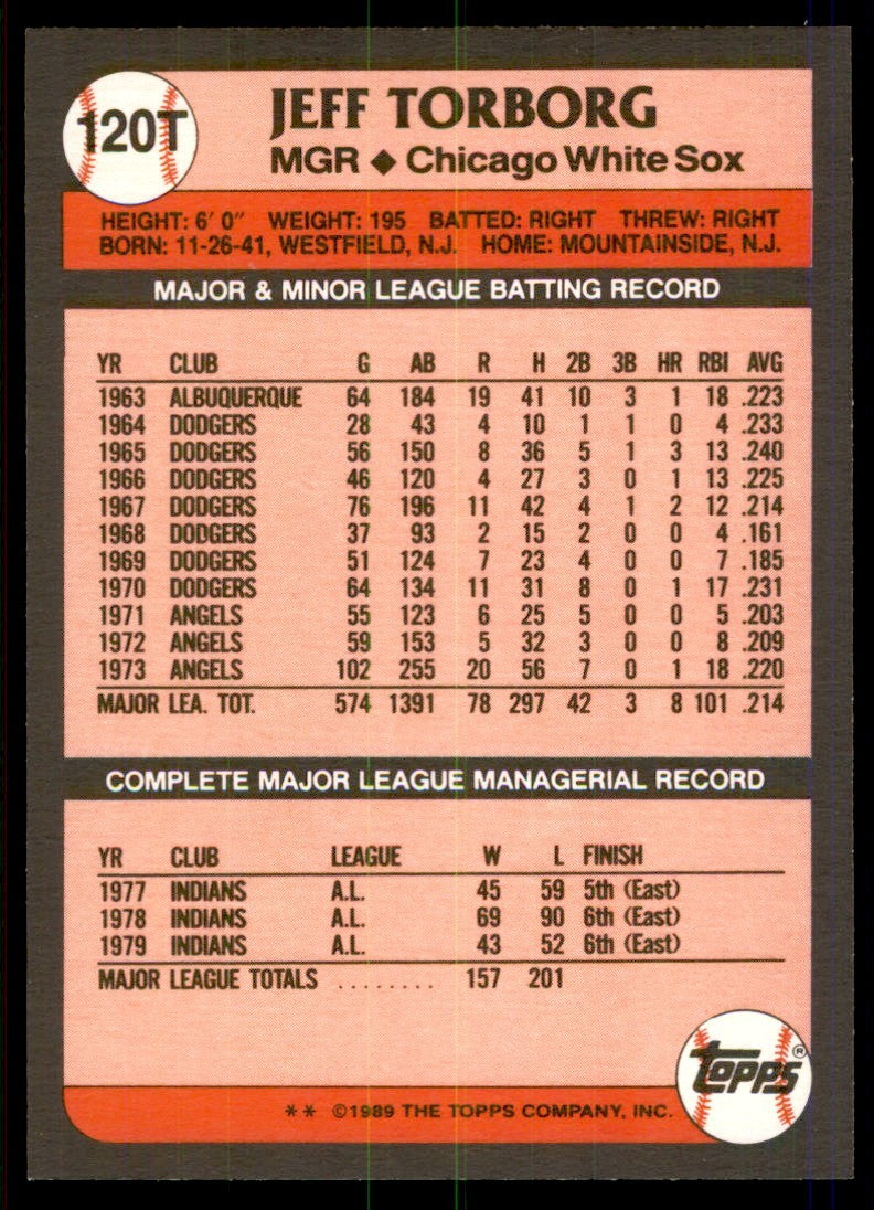 1989 Topps Traded Jeff Torborg . Chicago White Sox #120T