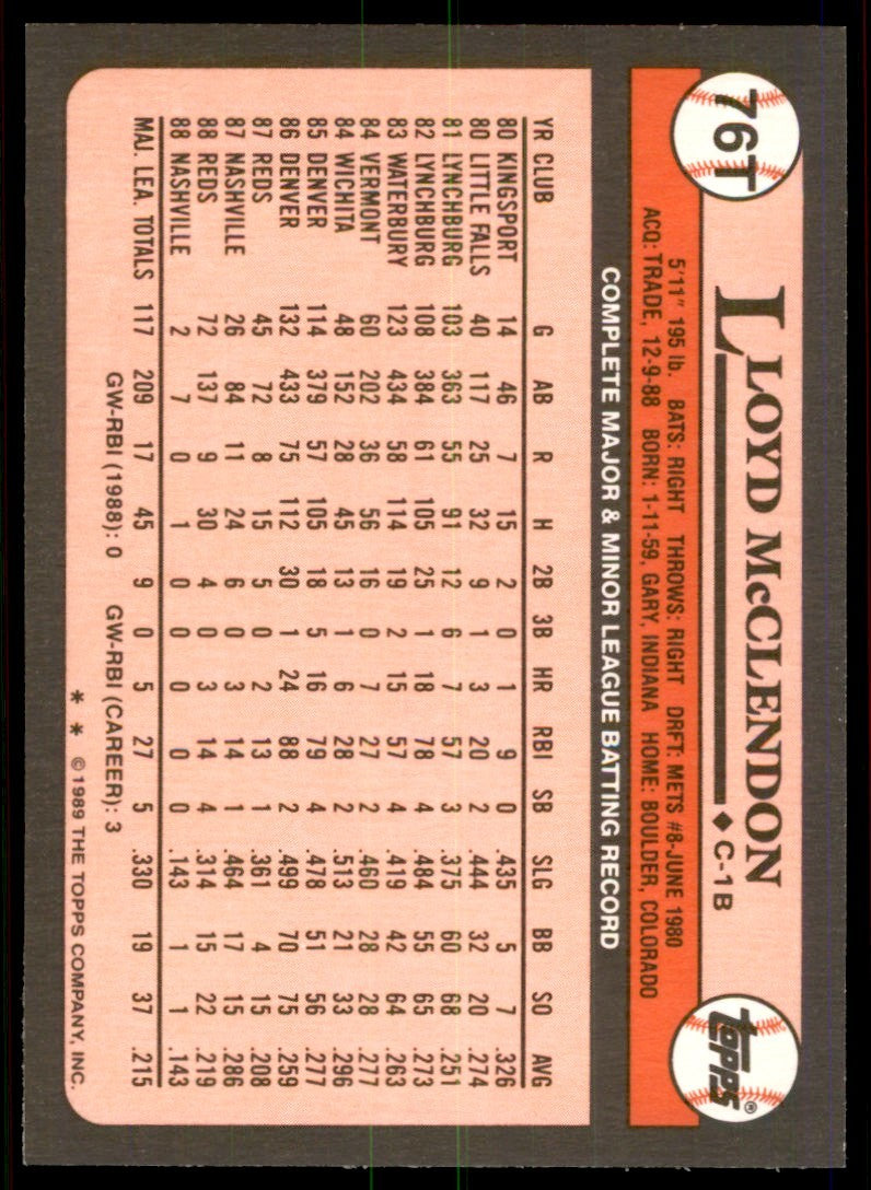 1989 Topps Traded Lloyd McClendon . Chicago Cubs #76T